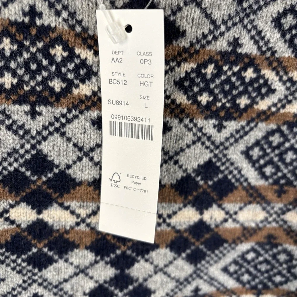 J.CREW Sweater Mens Large 100% Lambswool Gray Navy Fair Isle Print *New w/Tags*
